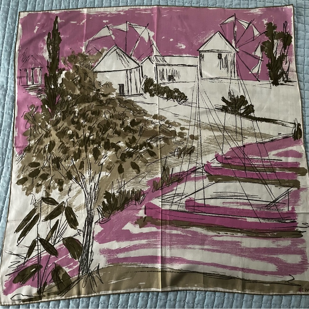 VERA NEUMANN vintage Pink and Green Scenic Print Scarf-/- rare landscape! - Picture 2 of 10